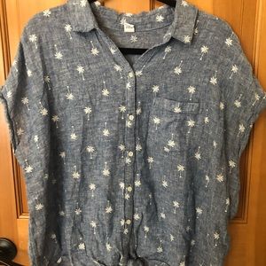Old navy denim tied button up with palm trees